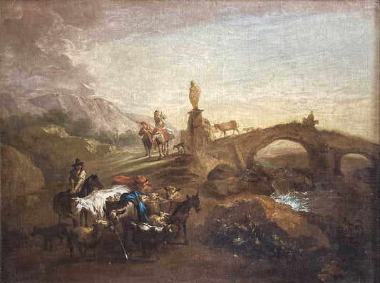 Nicolaes Berchem, Paesaggio Latino con Viandanti e Armenti, 1600s, Oil on Canvas, Framed