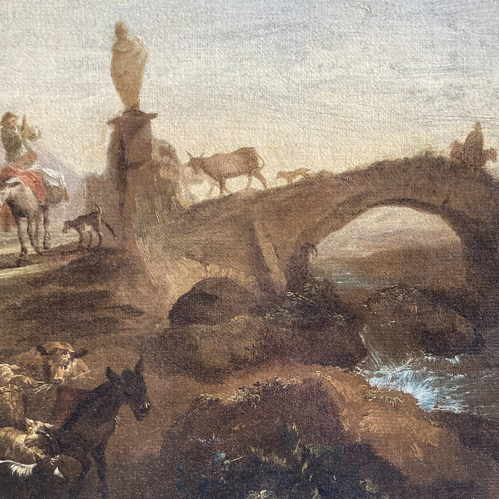 Nicolaes Berchem, Paesaggio Latino con Viandanti e Armenti, 1600s, Oil on Canvas, Framed