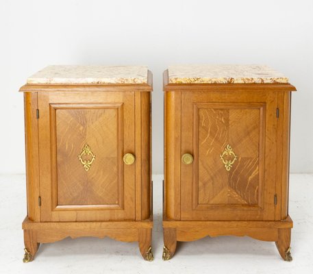 Nightstands or Bedside Cabinets in Oak with Marble Tops, France, 1960s, Set of 2-RIU-1142232