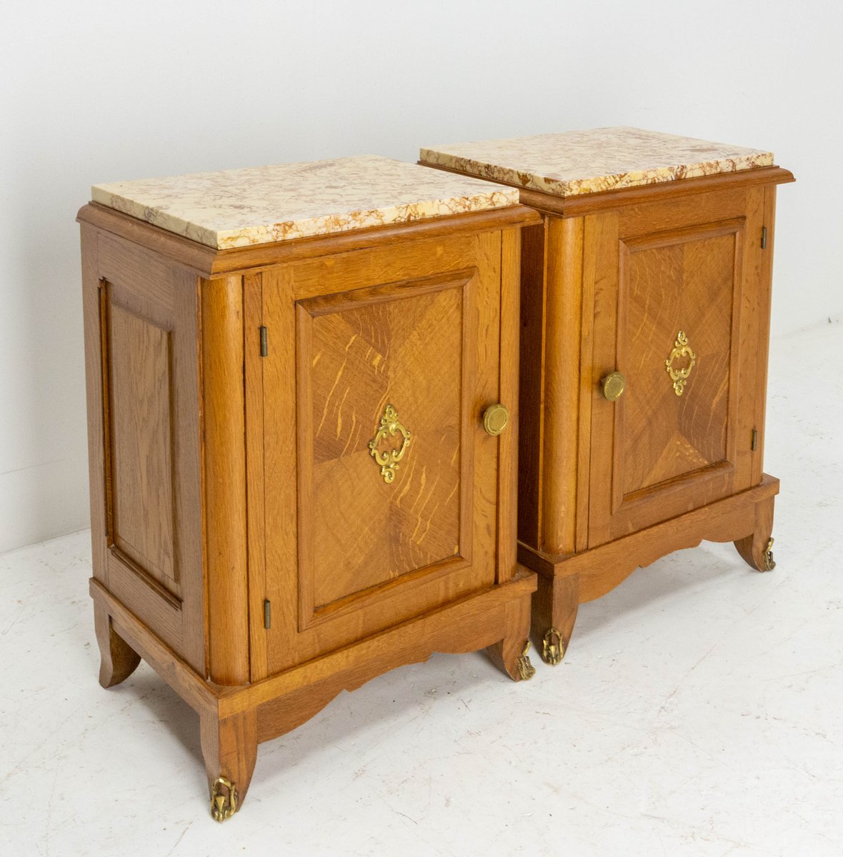 Nightstands or Bedside Cabinets in Oak with Marble Tops, France, 1960s, Set of 2