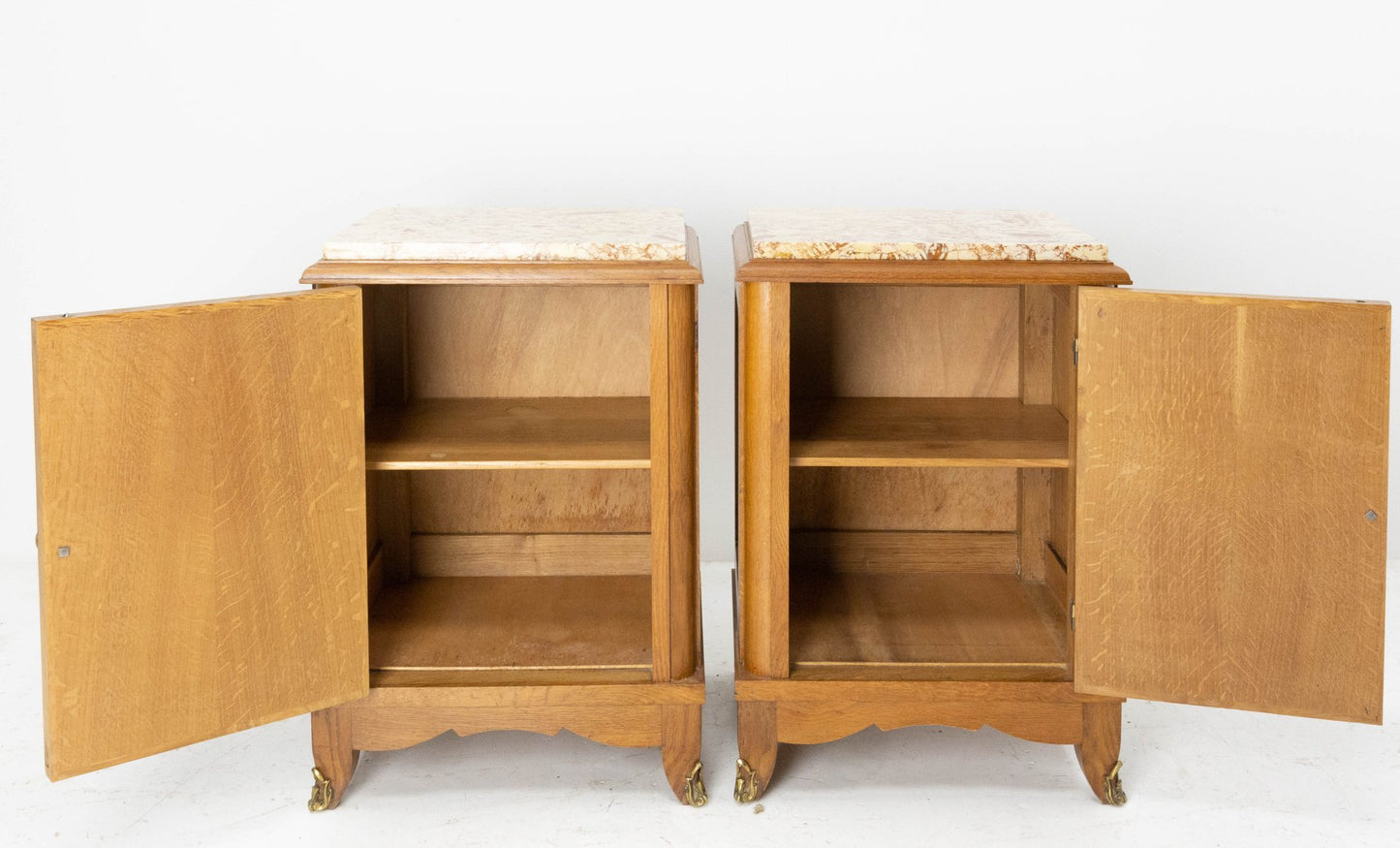 Nightstands or Bedside Cabinets in Oak with Marble Tops, France, 1960s, Set of 2