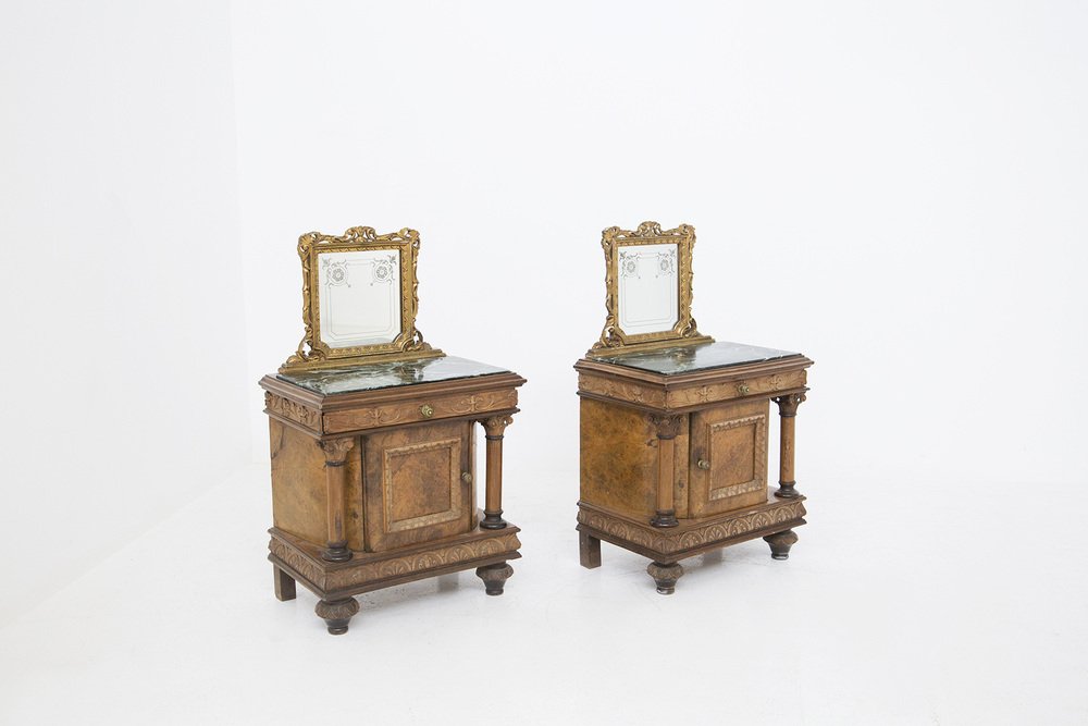 Nightstands with Mirrors in Wood and Green Alps Marble, Set of 2-RCE-1219651