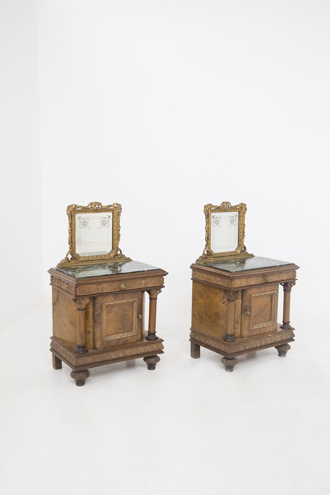 Nightstands with Mirrors in Wood and Green Alps Marble, Set of 2