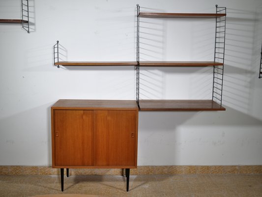 Nisse String Wall Shelf with Sideboard Made of Nut Wood by Kajsa & Nils Strinning, 1960 from String, Set of 8-LVS-1724936