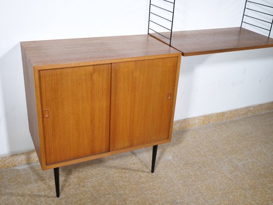 Nisse String Wall Shelf with Sideboard Made of Nut Wood by Kajsa & Nils Strinning, 1960 from String, Set of 8-LVS-1724936