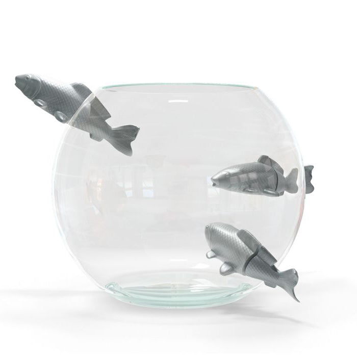 NO LIMIT Mouth-blown glass vase with 3 enamelled porcelain fishes by Roche Bobois #Silver-Glazed