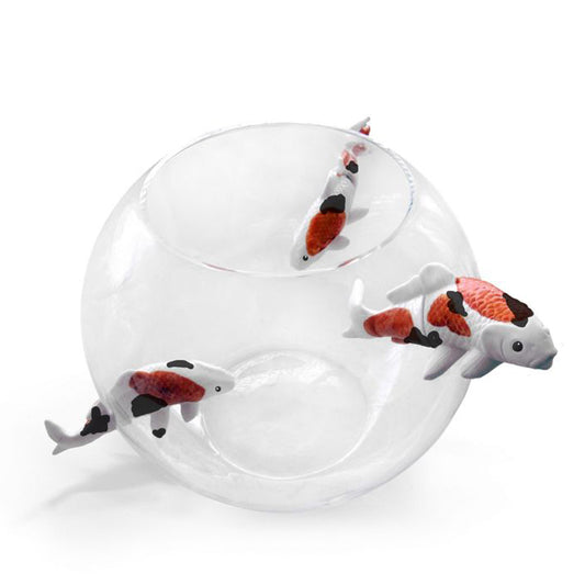 NO LIMIT Mouth-blown glass vase with 3 enamelled porcelain fishes by Roche Bobois #White & Blue & Red