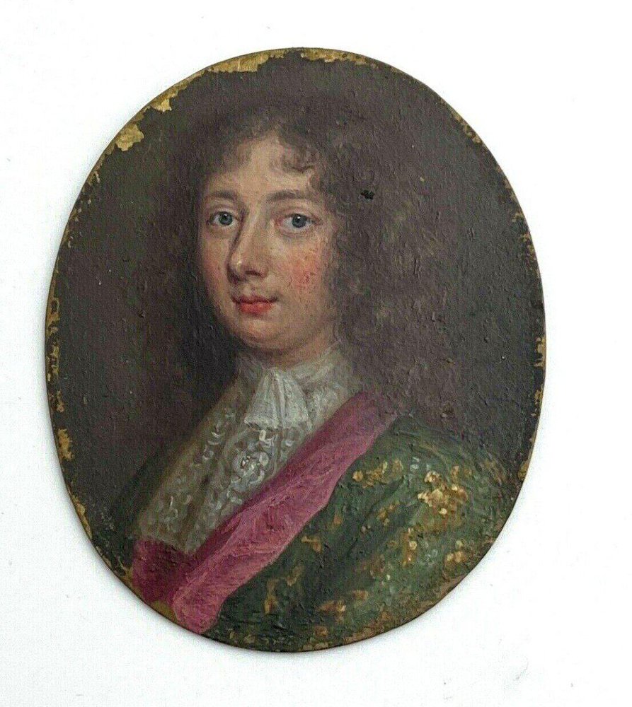 Noble Portrait Miniature, 17th-18th Century, Oil Painting, Framed