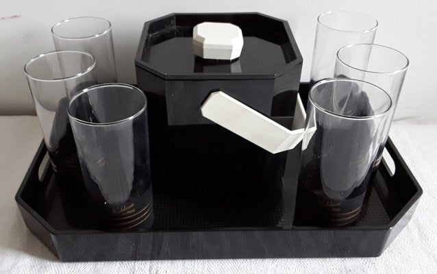 Noblesse Picnic Set of Tray, Black Plastic Ice Cube Trays & Glasses from Rastal, 1970s, Set of 8-HOI-958702