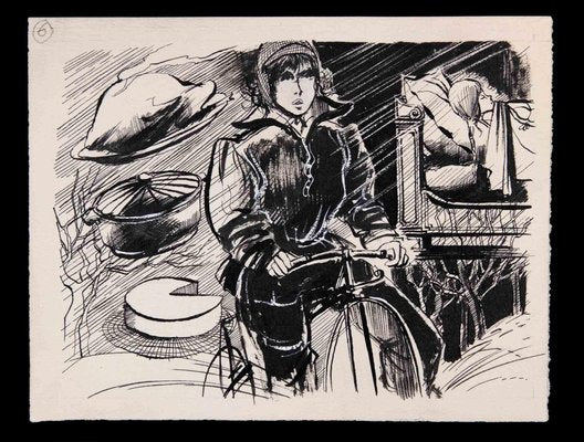 Norbert Meyre, Bike Woman, Ink Drawing, Mid-20th Century-ZCI-1762159