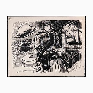 Norbert Meyre, Bike Woman, Ink Drawing, Mid-20th Century-ZCI-1762159