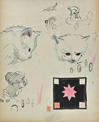 Norbert Meyre, Cats and Riders, Original Drawing, Mid-20th Century-ZCI-1304527