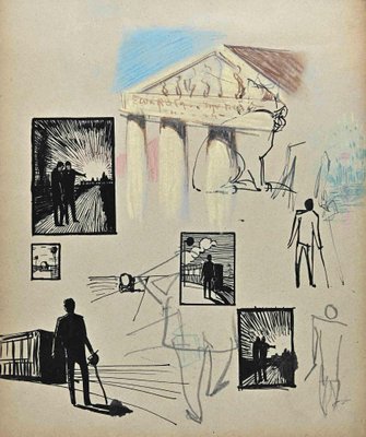 Norbert Meyre, The Men in Frames and Temple, Drawing, Mid 20th-Century-ZCI-1308608