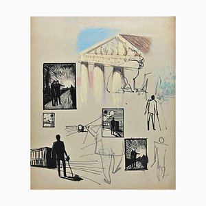 Norbert Meyre, The Men in Frames and Temple, Drawing, Mid 20th-Century-ZCI-1308608