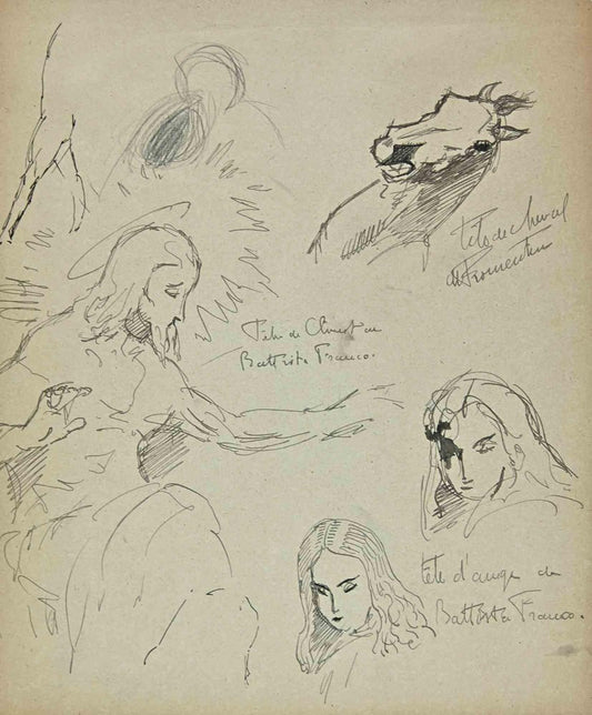 Norbert Meyre, The Sketches and Portrait, Original Drawing, Mid-20th Century