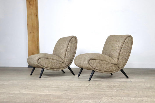 Norman Bel Geddes Armchairs in Birch Wood and Original Wool Fabric, 1950s, Set of 2