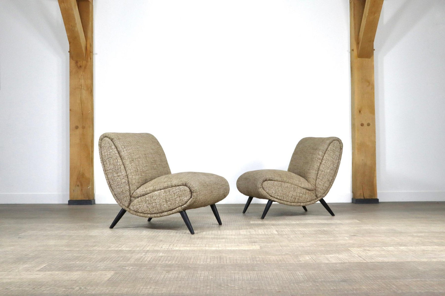 Norman Bel Geddes Armchairs in Birch Wood and Original Wool Fabric, 1950s, Set of 2