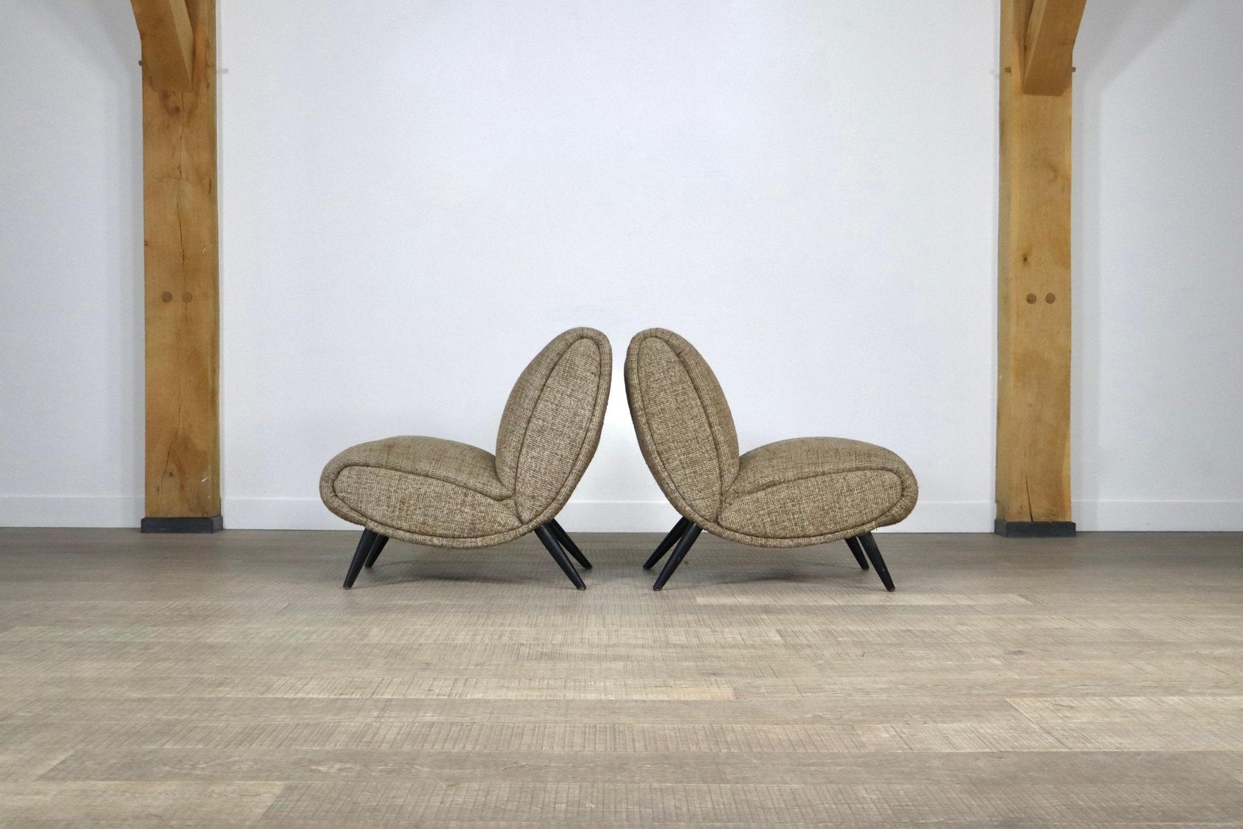 Norman Bel Geddes Armchairs in Birch Wood and Original Wool Fabric, 1950s, Set of 2