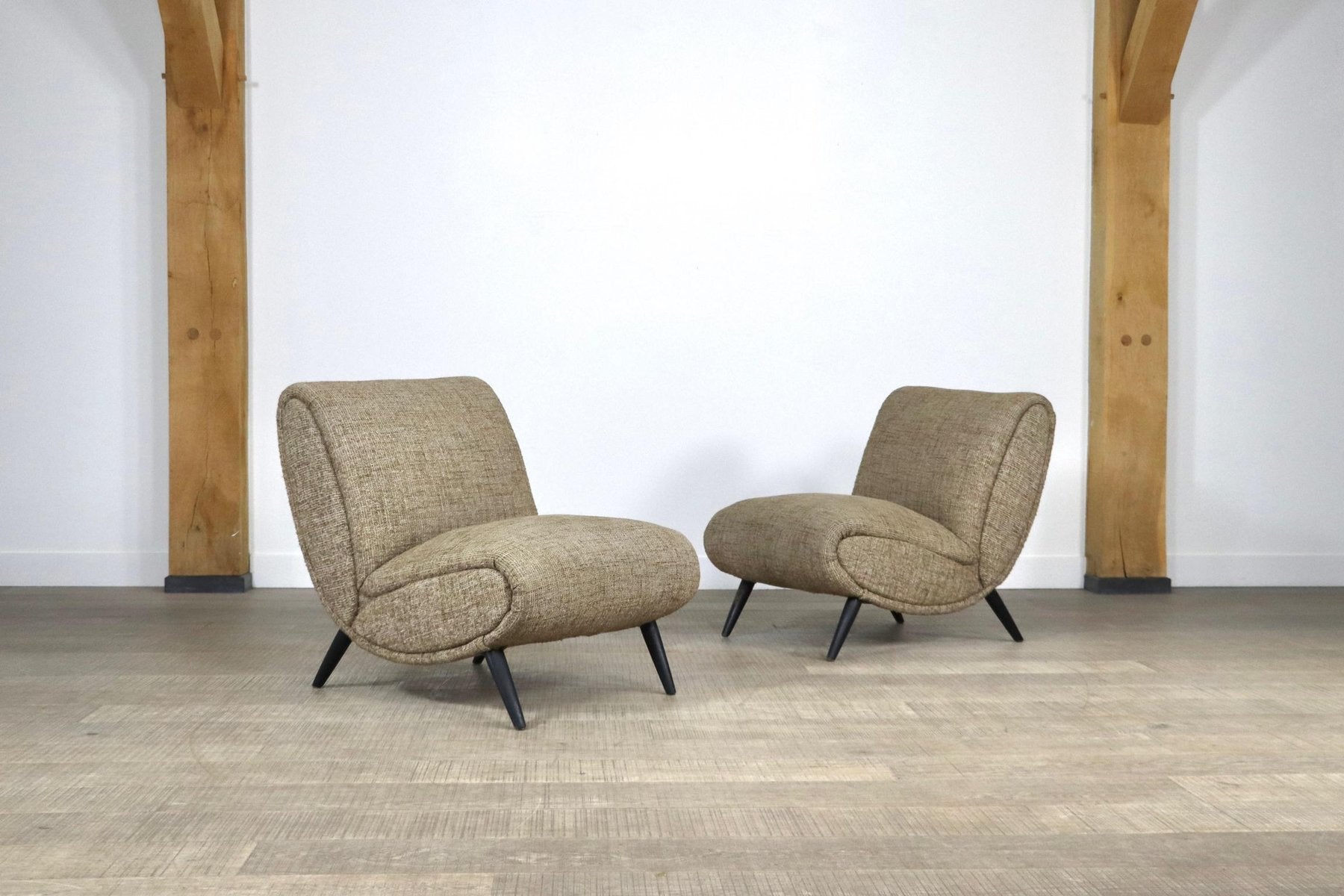 Norman Bel Geddes Armchairs in Birch Wood and Original Wool Fabric, 1950s, Set of 2