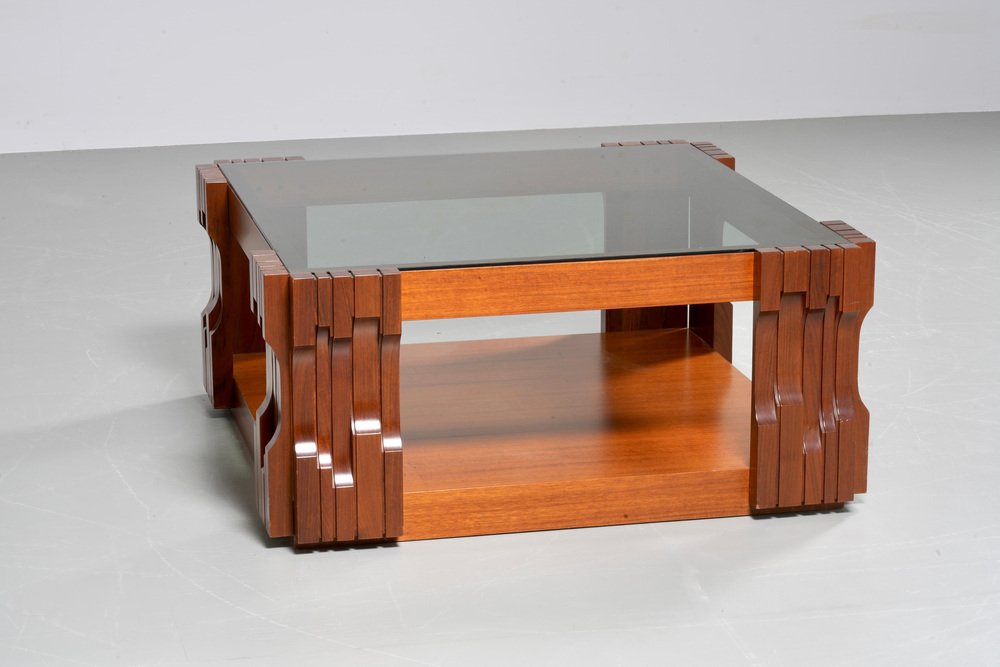 Norman Piano Coffee Table in Walnut and Glass by Luciano Fregerio, 1968