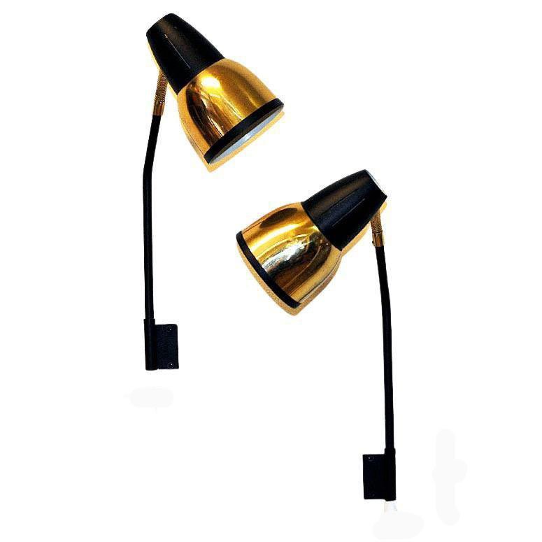 Norwegian Brass and Black Metal Wall Lamp by Ra-Gla, 1960s, Set of 2