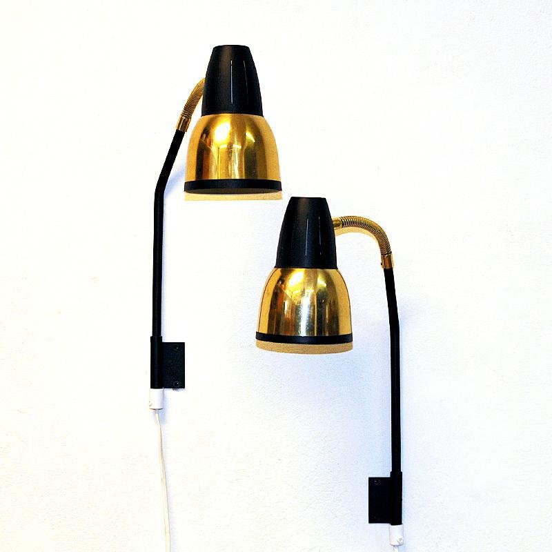 Norwegian Brass and Black Metal Wall Lamp by Ra-Gla, 1960s, Set of 2