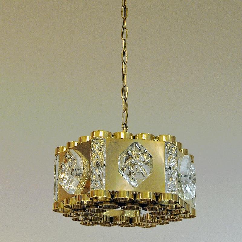 Norwegian Brass and Glass Ceiling Lamp from Metallservice AS, 1970s