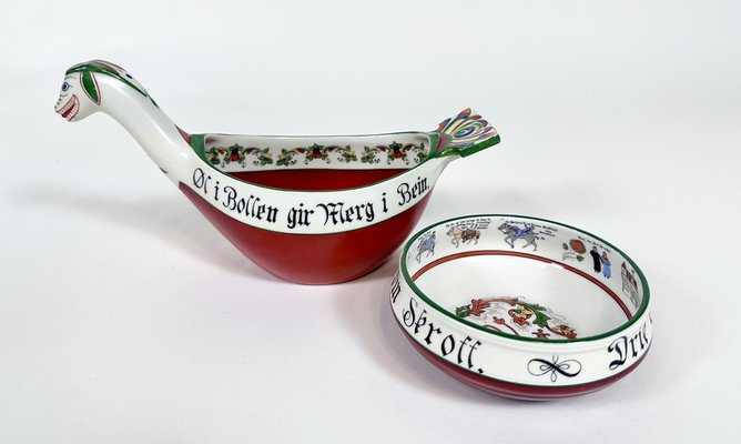 Norwegian Folk Art Drinking Bowl and Viking Dragon Boat-Shaped Ale Bowl with Hand-Painted Decor from Porsgrund Porcelain, 1930s, Set of 2-JP-1794274