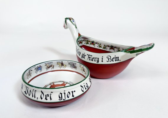 Norwegian Folk Art Drinking Bowl and Viking Dragon Boat-Shaped Ale Bowl with Hand-Painted Decor from Porsgrund Porcelain, 1930s, Set of 2-JP-1794274