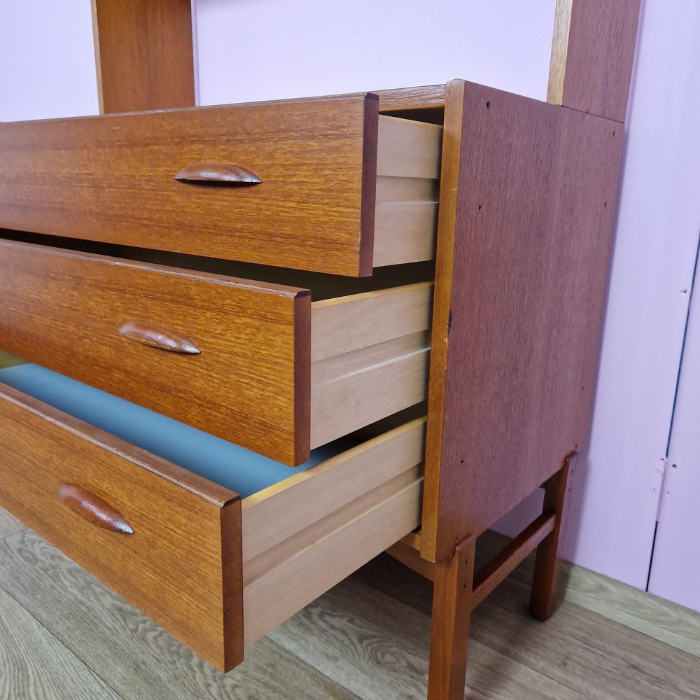 Norwegian Modular Wall Unit in Teak with Straw Sliding Doors, 1970s