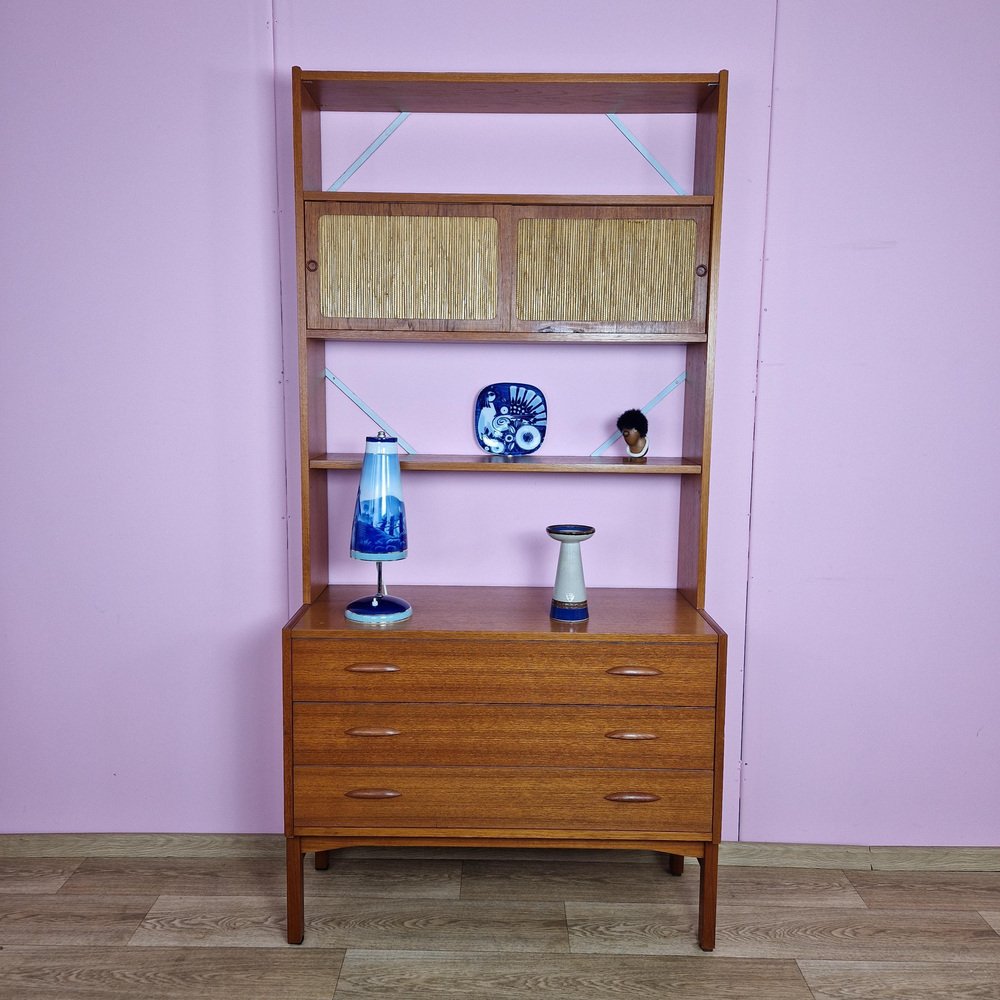 Norwegian Modular Wall Unit in Teak with Straw Sliding Doors, 1970s