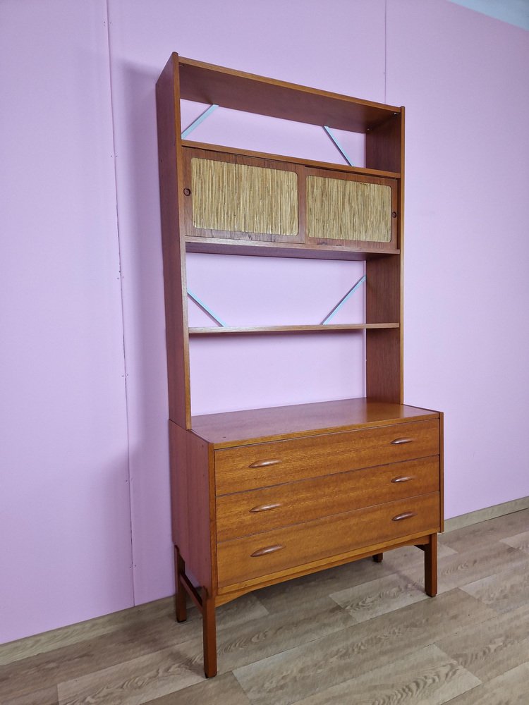 Norwegian Modular Wall Unit in Teak with Straw Sliding Doors, 1970s