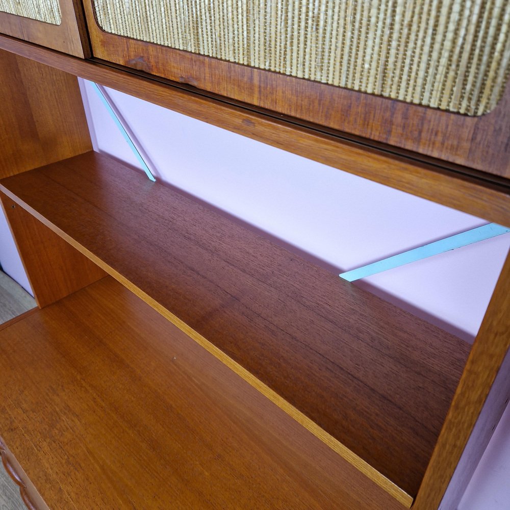 Norwegian Modular Wall Unit in Teak with Straw Sliding Doors, 1970s