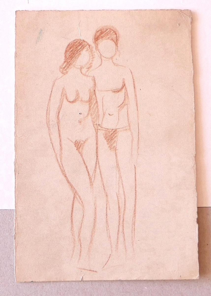 Nude Figures - Original Drawing in Sanguine - Mid-20th Century