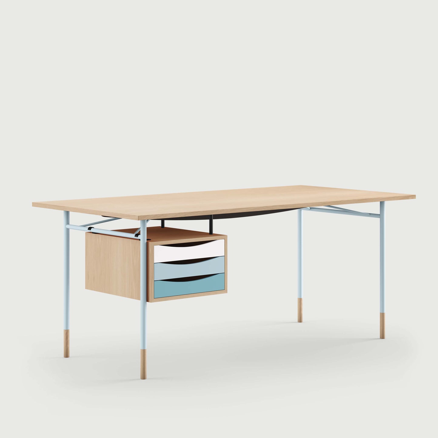 THE NYHAVN DESK W/ TRAY UNIT by House of Finn Juhl #Oak Clear Oil/Light Blue / Cold Colours