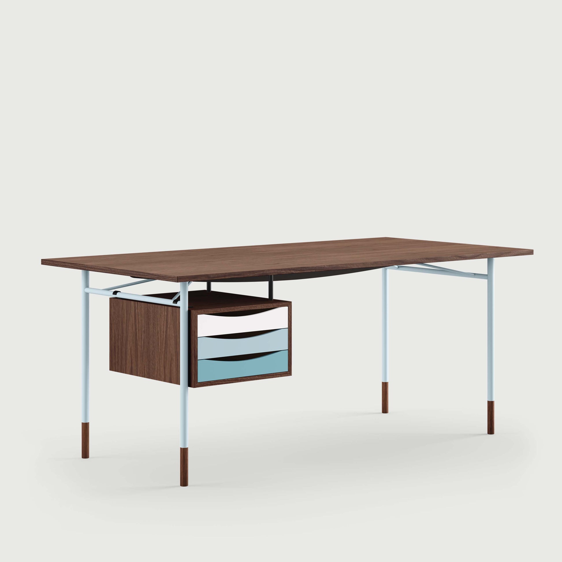 THE NYHAVN DESK W/ TRAY UNIT by House of Finn Juhl #Walnut/Light Blue / Cold Colours