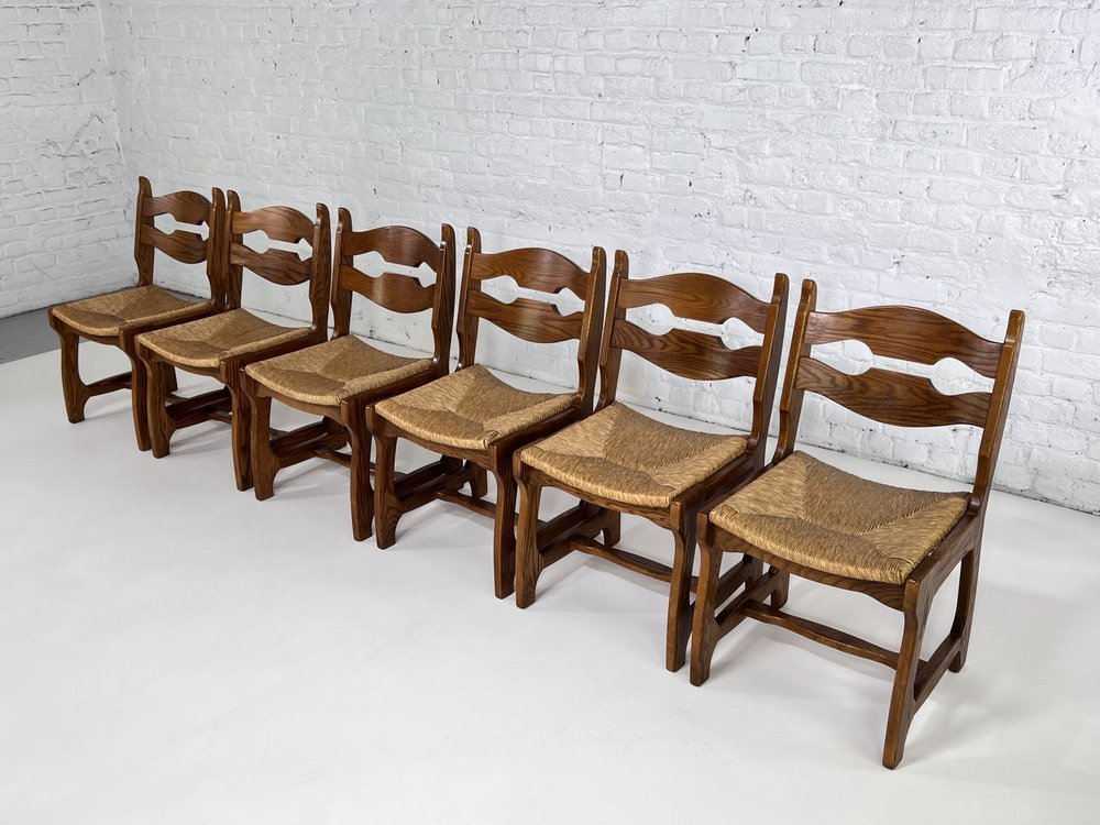 Oak and Braided Straw Chairs by Guillerme Et Chambron for Votre Maison 1950s, Set of 6