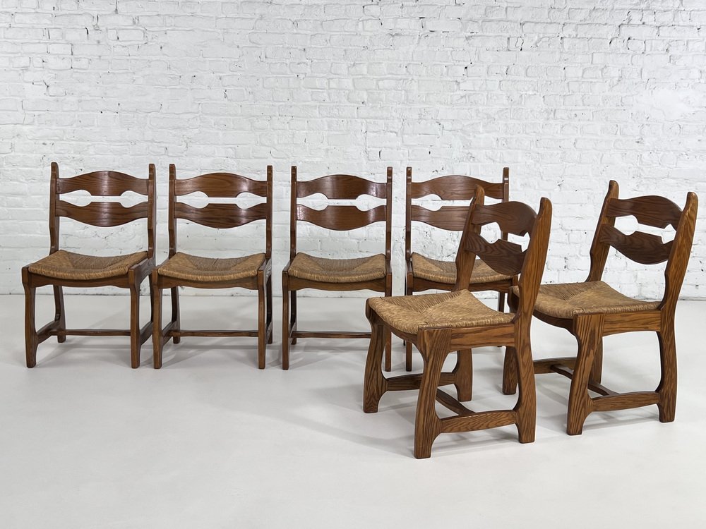 Oak and Braided Straw Chairs by Guillerme Et Chambron for Votre Maison 1950s, Set of 6