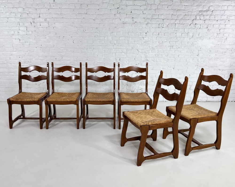 Oak and Braided Straw Chairs by Guillerme Et Chambron for Votre Maison, 1950s, Set of 6