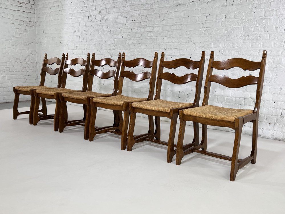 Oak and Braided Straw Chairs by Guillerme Et Chambron for Votre Maison, 1950s, Set of 6