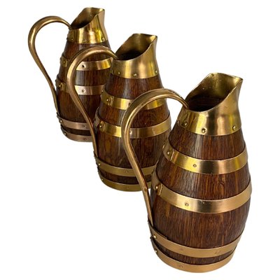 Oak and Brass Barrel Form Pitchers from Gerard Lafitte, France, 1933, Set of 3-UR-1720205