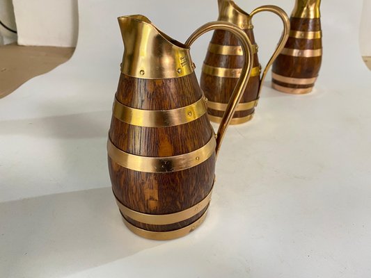 Oak and Brass Barrel Form Pitchers from Gerard Lafitte, France, 1933, Set of 3-UR-1720205