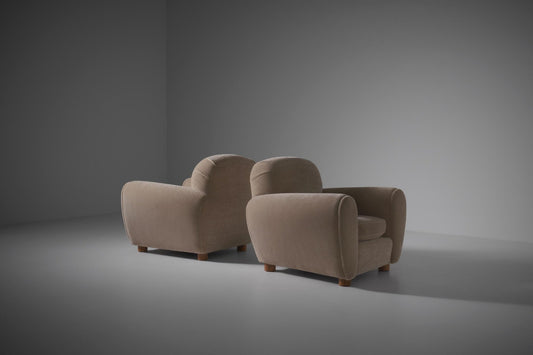 Oak and Mohair Curved Lounge Chairs, 1950s