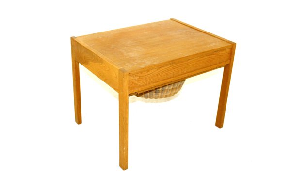 Oak and Rattan Worktable, Denmark, 1960s-GEK-998178