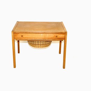 Oak and Rattan Worktable, Denmark, 1960s-GEK-998178