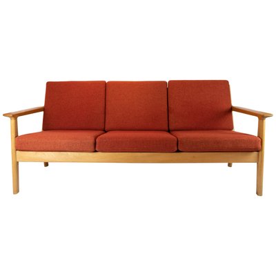 Oak and Red Wool Three-Seat Sofa by Hans J. Wegner for Getama, 1960s-UY-792182