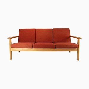 Oak and Red Wool Three-Seat Sofa by Hans J. Wegner for Getama, 1960s-UY-792182