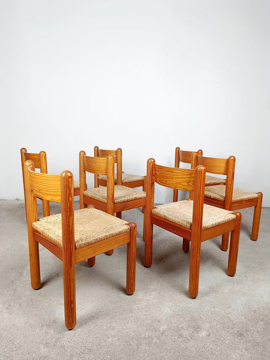 Oak and Rush Chairs in the style of Charlotte Perriand, 1960s, Set of 7