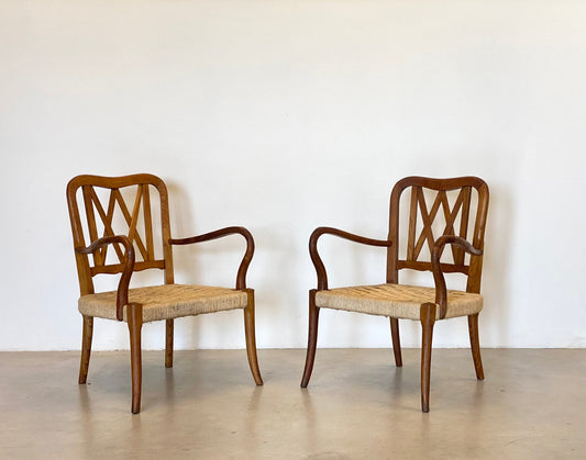 Oak and Straw Armchairs, 1940s, Set of 2