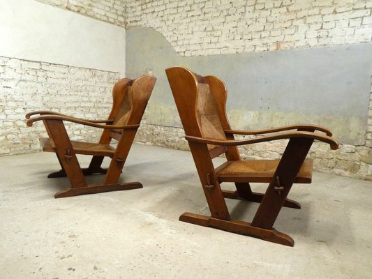 Oak and Straw Armchairs, France, 1950s, Set of 2-QAV-1409587